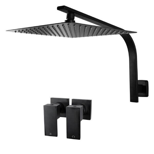 Black Bath Square 12'' Ultrathin Stainless Steel Rainfall Shower Head Rose Set Gooseneck Wall Arm Twin Taps WELS WATERMARK