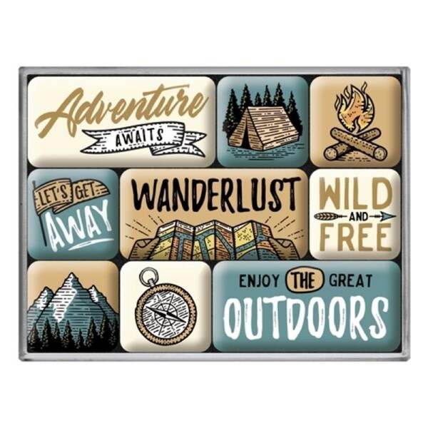 9pc Nostalgic Art Outdoor Adventure Awaits 2.2cm/4.5cm Magnet Set Fridge Decor