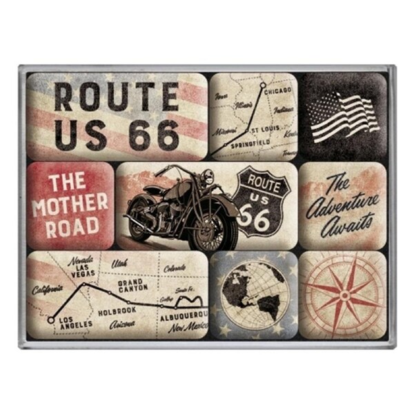 9pc Nostalgic Art Route 66 Bike Map 2.2cm/4.5cm Magnet Set Kitchen Fridge Decor
