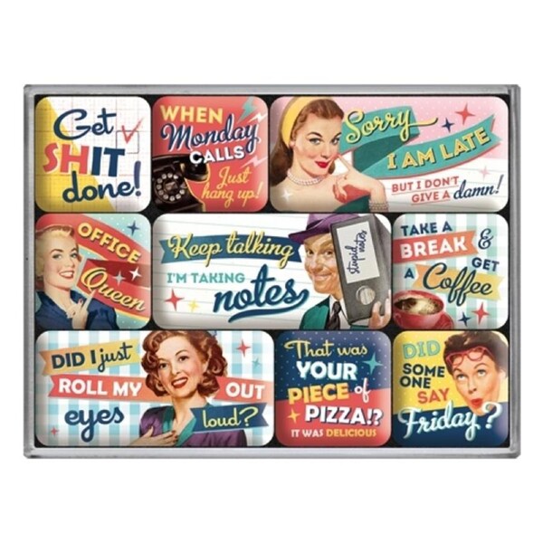 9pc Nostalgic Art Office Fun 2.2cm/4.5cm Magnet Set Kitchen/Home Fridge Decor