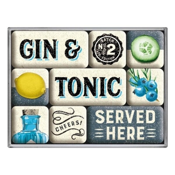 9pc Nostalgic Art Gin & Tonic Served Here 2.2cm/4.5cm Magnet Set Fridge Decor