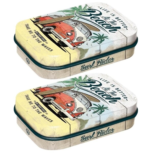 2x Nostalgic Art 6cm Metal Tin Mint Box VW Bulli Beach Fresh Breath Hard Candy