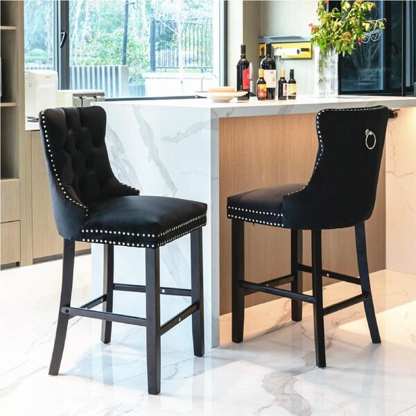 Siena Set of 2 Velvet Bar Stools -Black