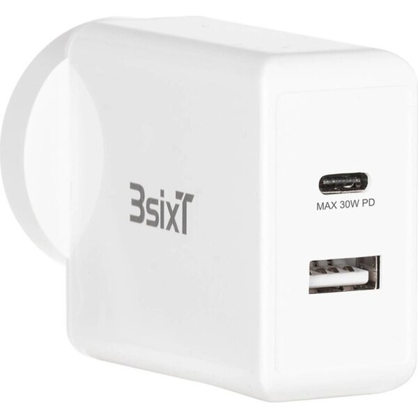 3sixT Wall Charger Dual Port Adapter 30W USB-A/USB-C f/Mobile Smartphones/Tablet