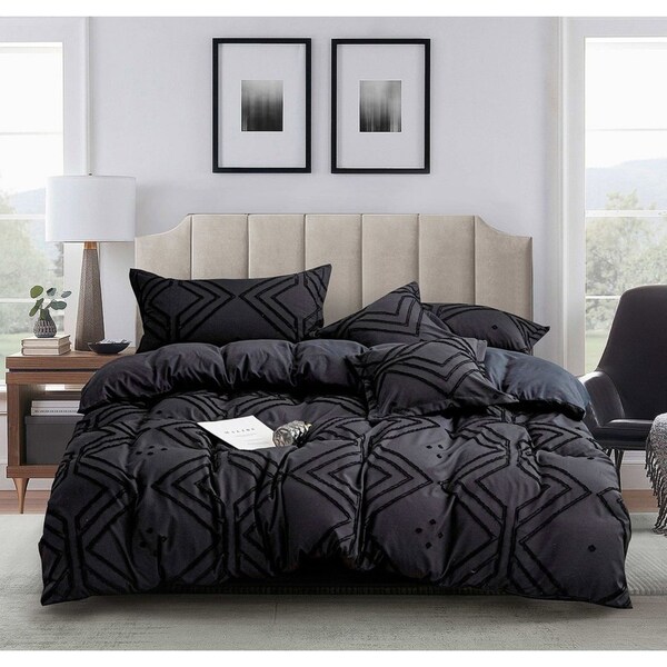 Tufted Textured Jacquard Super King Size Bed Quilt/Doona/Duvet Cover Set - Black