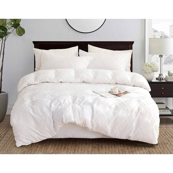 Tufted Diamond Jacquard Queen Size Bed Quilt/Doona/Duvet Cover Set - White