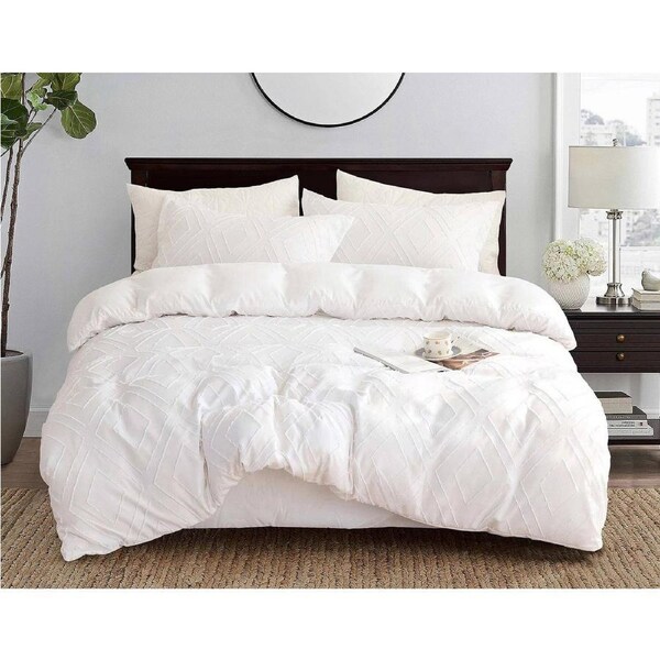 Tufted Diamond Jacquard King Size Bed Quilt/Doona/Duvet Cover Set - White