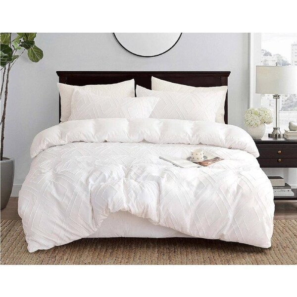 Tufted Diamond Jacquard Super King Size Bed Quilt/Doona/Duvet Cover Set - White