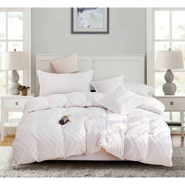 Tufted Boho Wave Jacquard Queen Size Bed Quilt/Doona/Duvet Cover Set - White