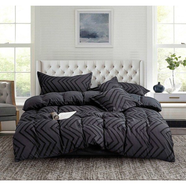 Tufted Boho Wave Jacquard King Size Bed Quilt/Doona/Duvet Cover Set - Black