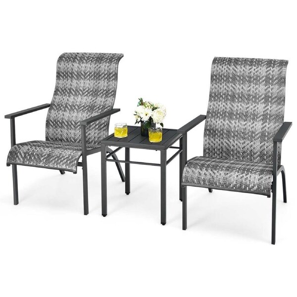 Costway 3PCS Outdoor Furniture Set Patio Lounge Set Garden Rattan Dining Chairs Glass Table Cafe Bar Bistro Yard