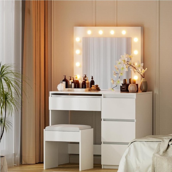 Artiss Dressing Table Set Stool Vanity Desk 12-bulb LED Lighted Makeup Mirror Drawers - White