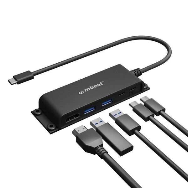 mbeat Mountable 5-Port USB-C Hub - Supports 4K HDMI video out and 60W Power Delivery Charging with 2 ? USB3.0 and 1? USB-C Weight: 51g