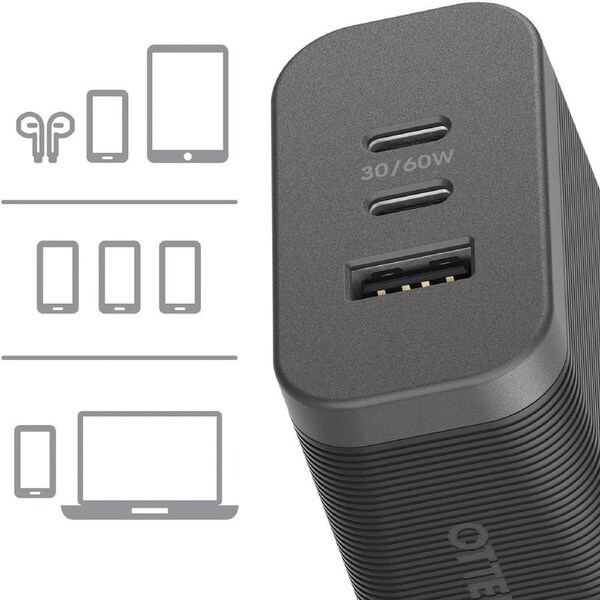 OtterBox 72W Triple Port Premium Pro Fast GaN PD Wall Charger - Black (78-81038), 1x USB-A (12W), 2x USB-C 30W (60W Shared), PPS