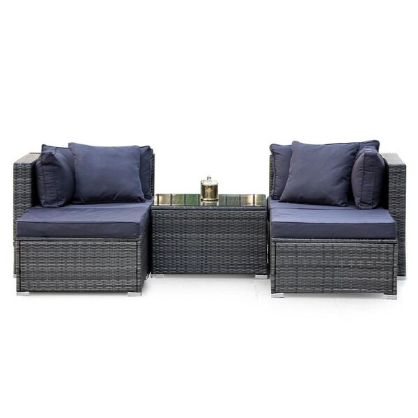 LONDON RATTAN 4 Seater Modular Outdoor Lounge Setting with Coffee Table, Ottomans, Grey