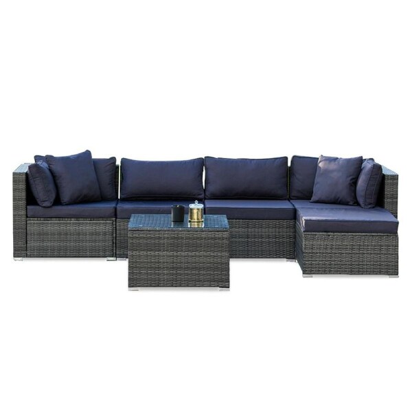 LONDON RATTAN 5 Seater Modular Outdoor Lounge Setting with Coffee Table, Ottoman, Grey