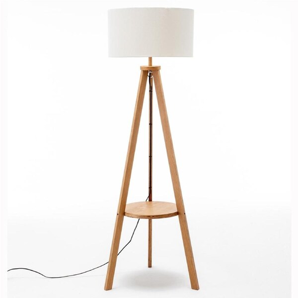 Natural Wooden Tripod Floor Lamp w/ Round Wood Shelf + Off White Linen Shade