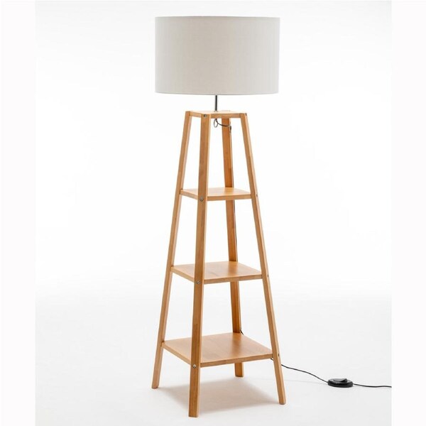 Eiffel 3 Tier Natural Wood Floor Lamp w/ Storage Shelves + Off White Linen Shade