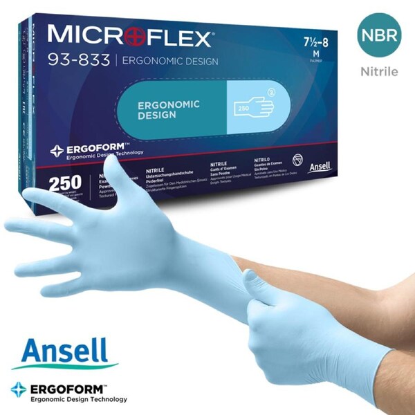 Ansell Microflex® 93-833 ErgoForm™ Ergonomic Nitrile Exam Gloves, 7g, Extended Cuff, Powder-Free, 250/Box - Small