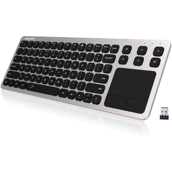 Arteck Wireless Keyboard, 2.4G Wireless Touch TV Keyboard with Easy Media Control and Built-In Touchpad Mouse Solid Stainless Ultra Compact Full Size