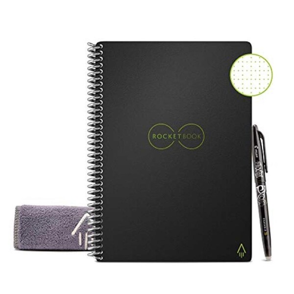 Rocketbook Smart Reusable Notebook - Dot-Grid Eco-Friendly Notebook with 1 Pilot Frixion Pen & 1 Microfiber Cloth Included - Infinity Black Cover, Exe