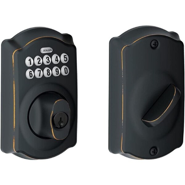 Schlage BE365 V CAM 716 Camelot Keypad Deadbolt Electronic Keyless Entry Lock, Aged Bronze
