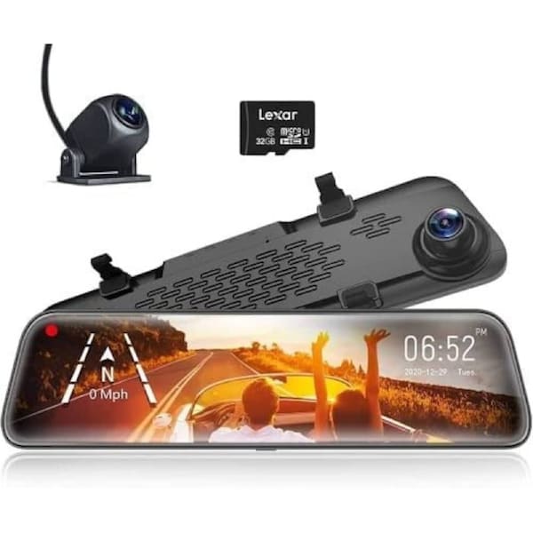 WOLFBOX 12" Mirror Dash Cam Backup Camera,1296P Full HD Smart Rearview Mirror for Cars & Trucks, 1080P Front and Rear View Dual Cameras, Night Vision,