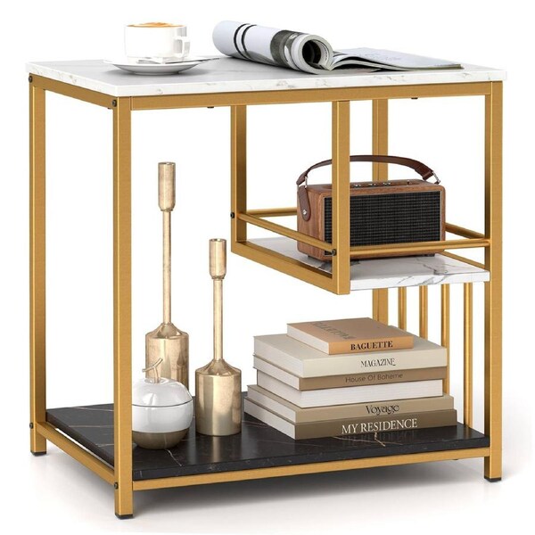 Giantex 3-Tier End Table w/Golden Polished Steel Frame Modern Bed Side Table for Living Room Bedroom White