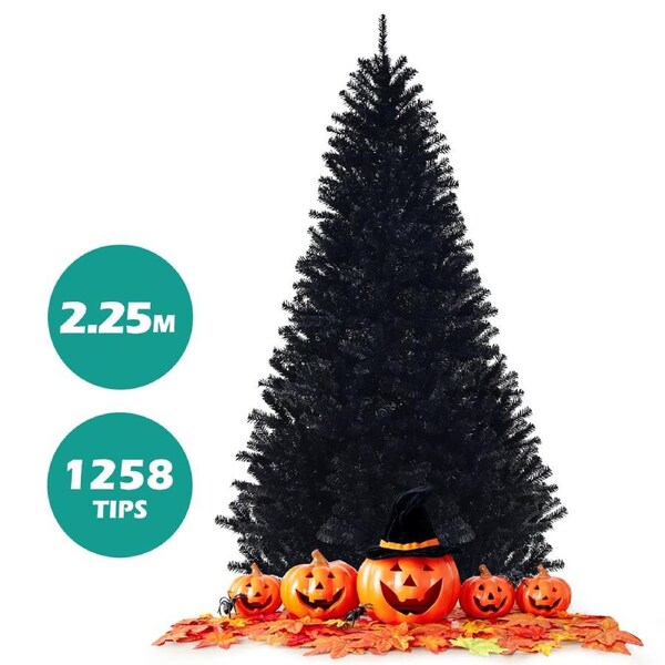 Giantex 2.25m Artificial Christmas Tree w/Sturdy Metal Stand Unlit Halloween Tree w/1258 Branch Tips PVC Needles Black