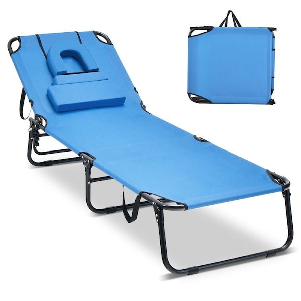 Giantex Folding Lounge Chair for Beach Poolside Balcony Patio Portable Recliner w/Tanning Face Down Hole and Pillow Blue