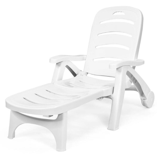 Giantex Patio Chaise Lounge Recliner on Wheels Folding Deck Chair 5 Adjustable Positions for Poolside Yard Outdoor Sunbathing Beach Lounger White