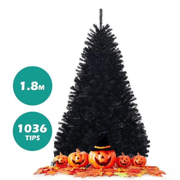 Giantex 1.8M Artificial Christmas Tree w/Sturdy Metal Stand Unlit Halloween Tree w/ 1036 Branch Tips PVC Needles Black