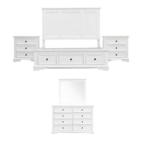 Celosia 5pc King Bed Frame Bedroom Suite Bedside Dresser Mirror Package - White