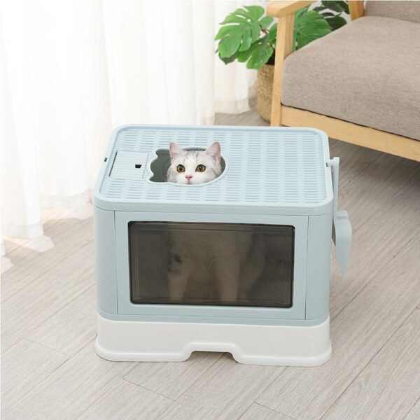 Pawz Foldable Cat Litter Box Tray Enclosed Kitty Toilet Hood Hair Grooming Blue