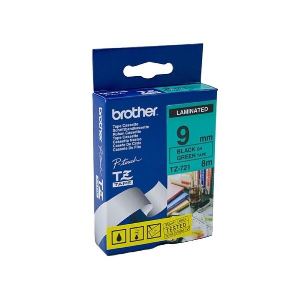 Brother TZe-721 Laminated Tape 9mm x 8m Black on Green