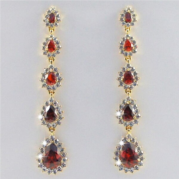 14k Yellow Gold Plated Dangle Drop Teardrop Wedding Red Crystals Earrings