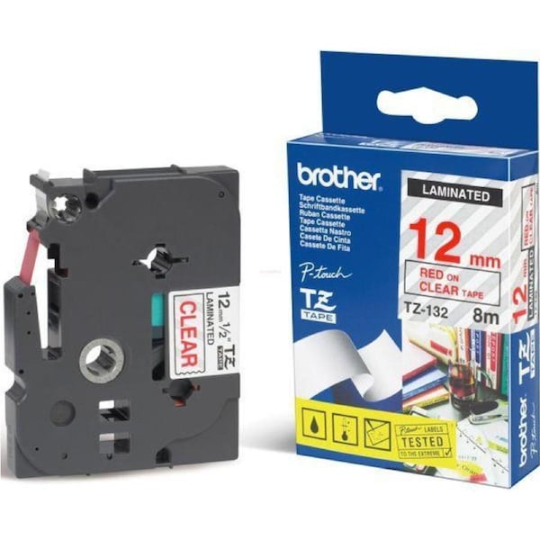 Brother TZe-132 Laminated Tape 12mm Red On Clear