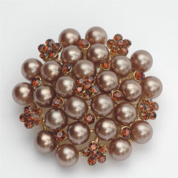 14k Yellow Gold Plated Shiny Crystals Brown Pearls Women Brooch Pin