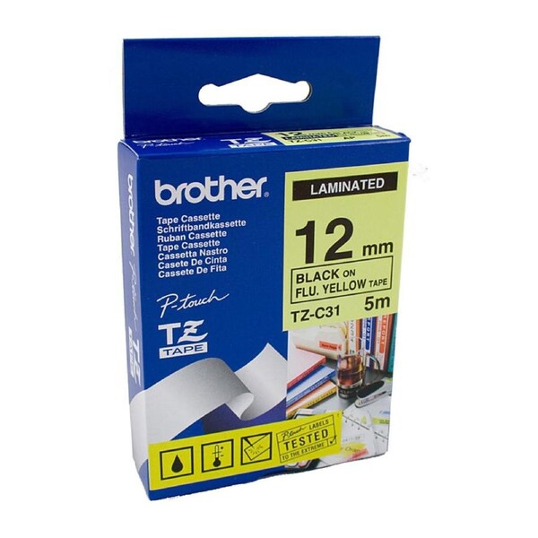 Brother TZe-C31 Fluro Tape 12mm x 5m Black on Yellow