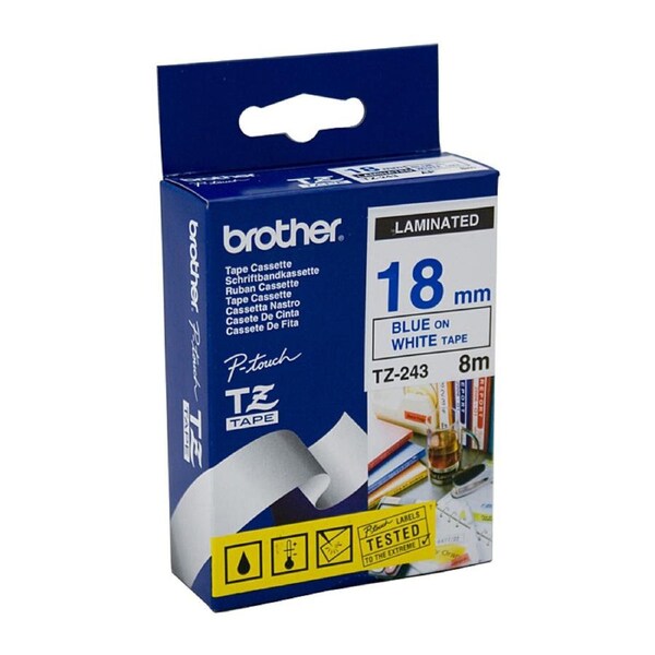 Brother TZe-243 Laminated Tape 18mm x 8m Blue on White