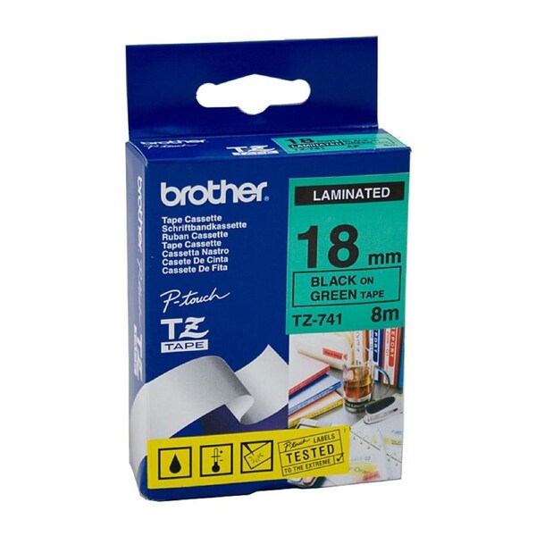 Brother TZe-741 Laminated Tape 18mm x 8m Black on Green