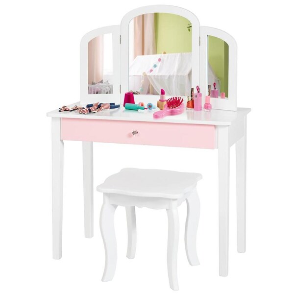 Giantex Kids Makeup Dressing Table Stool Set Folding Mirror Princess Vanity Writing Desk Birthday Gift w/Drawer White