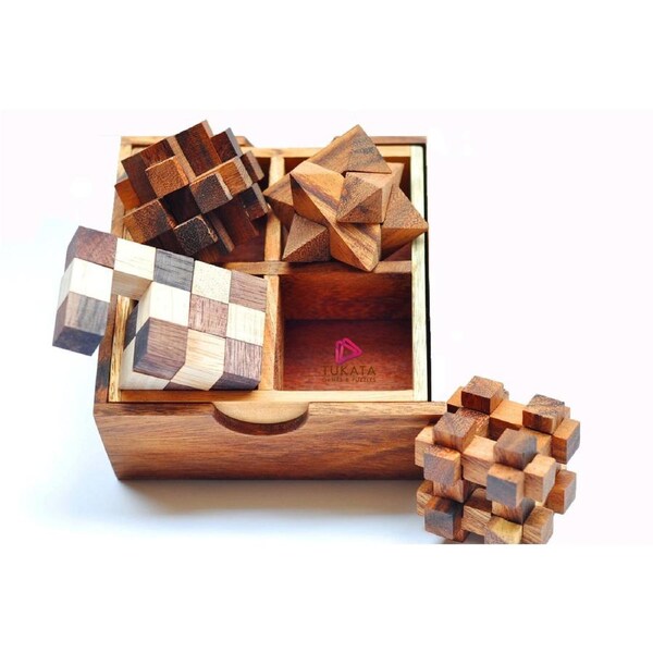 4 individual brainteaser wooden puzzles in a gift wooden box.