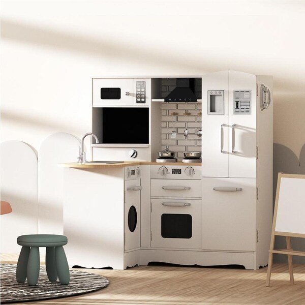 Keezi Kids Wooden Kitchen Pretend Play Sets Double Door Fridge Oven Cooking Toys Pots