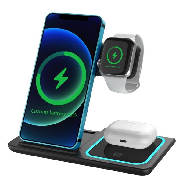 ZUSLAB 3 in 1 Wireless Charger Foldable Charging Station for Apple iPhone Series 14/13/12/11/XR/XS & Watch 7/6/5/SE/4/3 & AirPods Pro/3/2 - Black