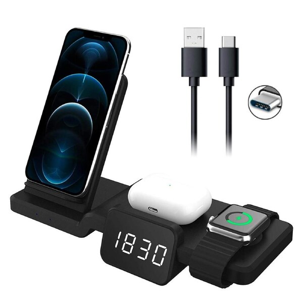 ZUSLAB 4 in 1 Wireless Charger Time Display Clock Charging Station for Apple iPhone Series 14/13/12/11/XR & Watch 7/6/5/SE & AirPods Pro/3/2 - Black