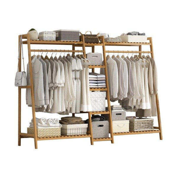Portable Clothes Rack Coat Garment Stand Bamboo Rail Hanger Airer Closet