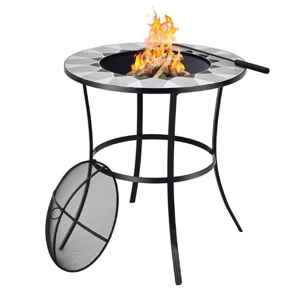 Costway Outdoor Fire Pit Wood Burning Fire Table Garden Camping w/Mesh Screen Lid & Fire Poker
