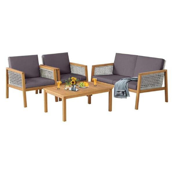 Costway 4PC Outdoor Furniture Lounge Setting Acacia Wood Sofa Dining Set Rattan Chairs Cushion Seats Patio Garden Yard Grey