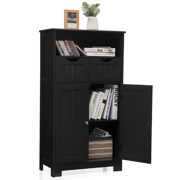 Giantex Bathroom Floor Cabinet Storage Display Organizer Double Doors Side Cabinets Sideboard W/Open Shelf&2 Drawes&Adjustable Shelves Black